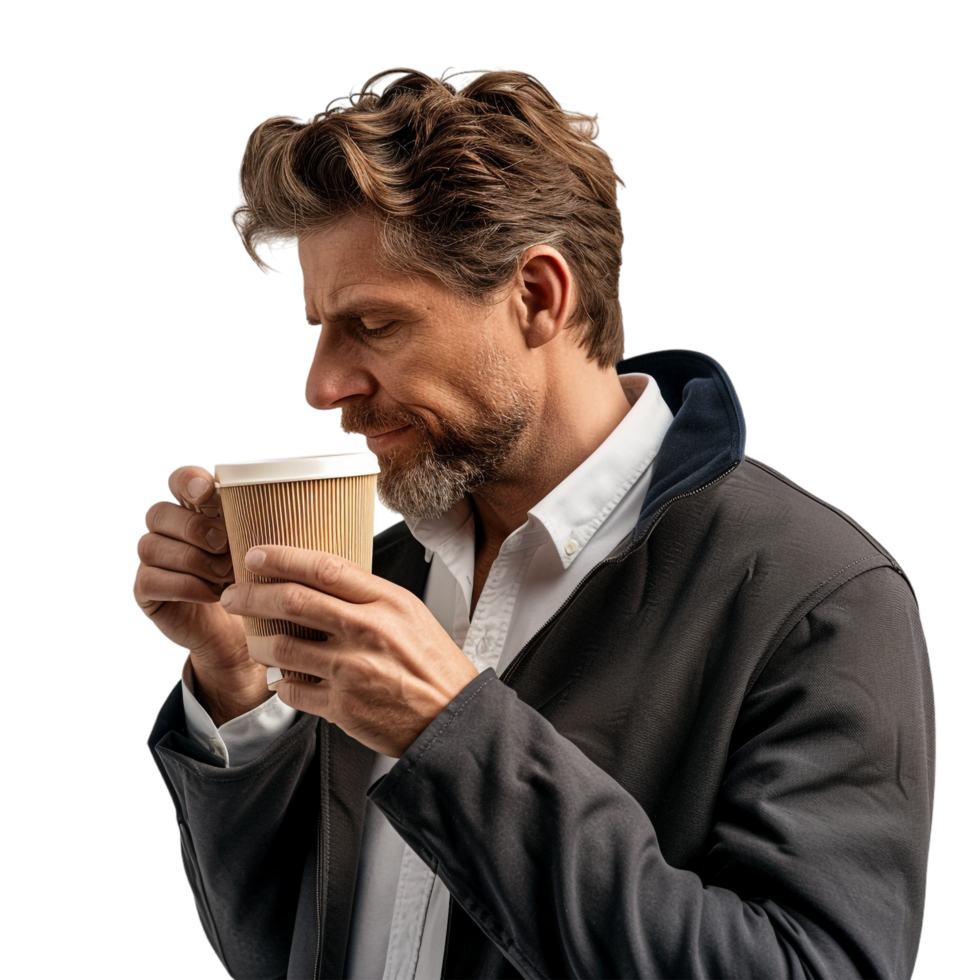 Man with paper cup of coffee isolated on transparent png