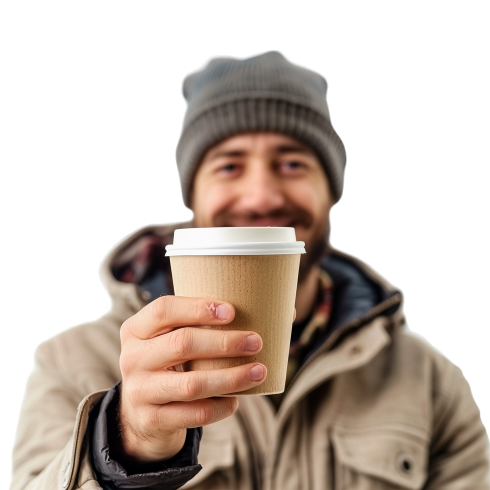 Man with paper cup of coffee isolated on transparent png