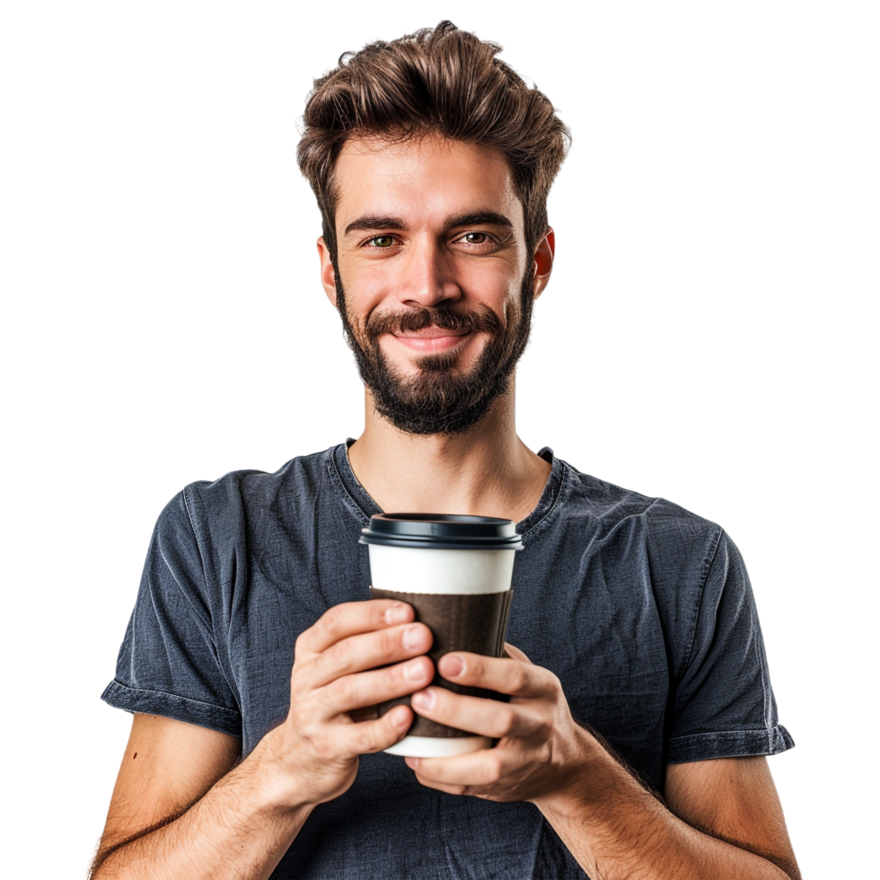 Man with paper cup of coffee isolated on transparent png