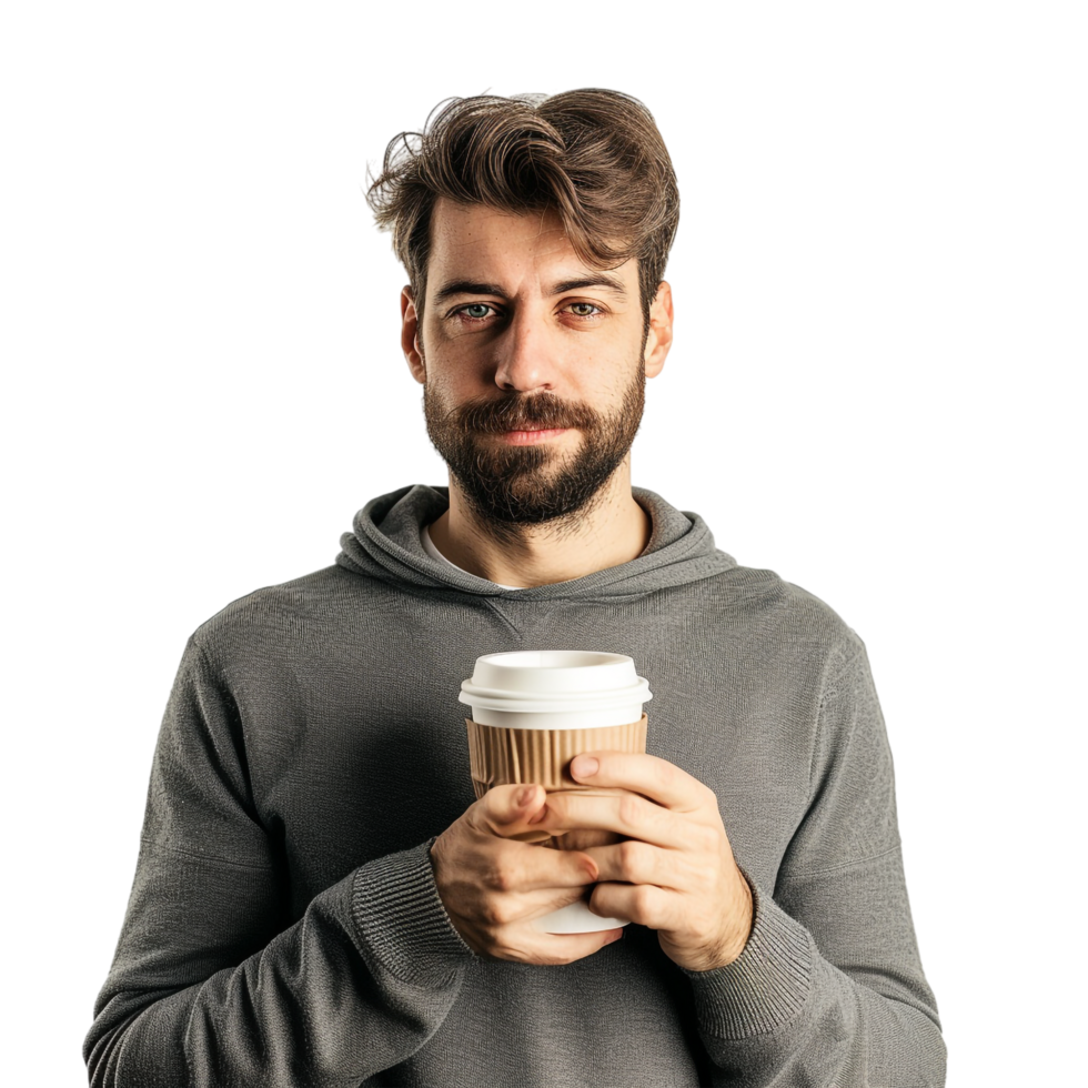 Man with paper cup of coffee isolated on transparent png