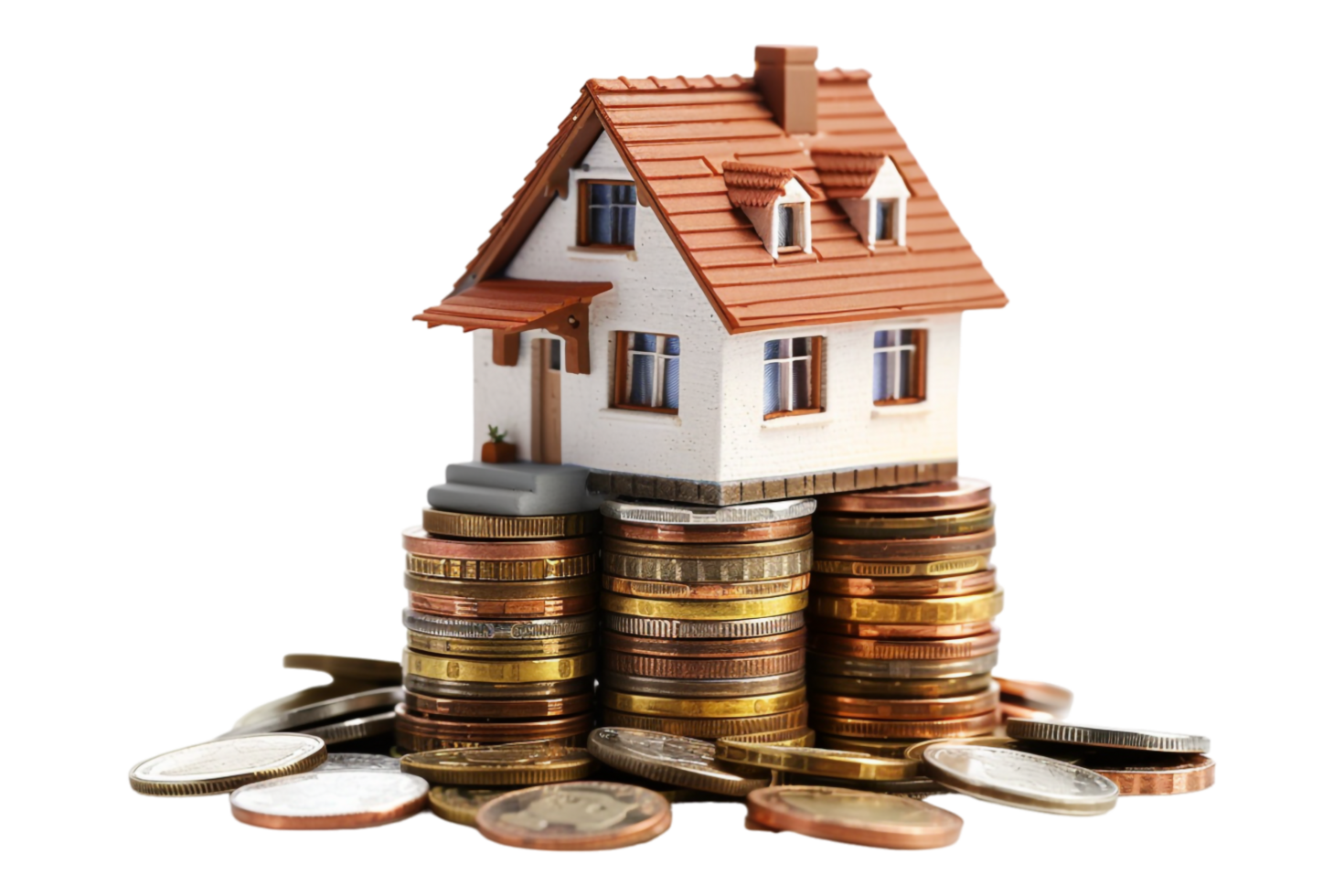 Miniature house on stack of coins alone against transparent background png