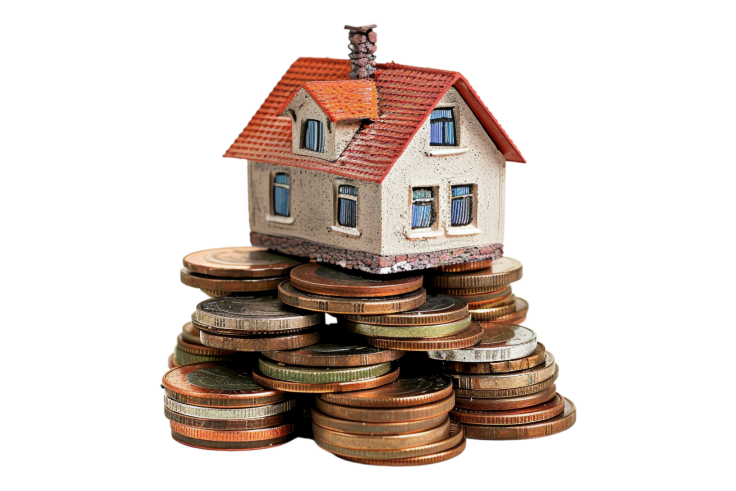 Miniature house on stack of coins alone against transparent background png