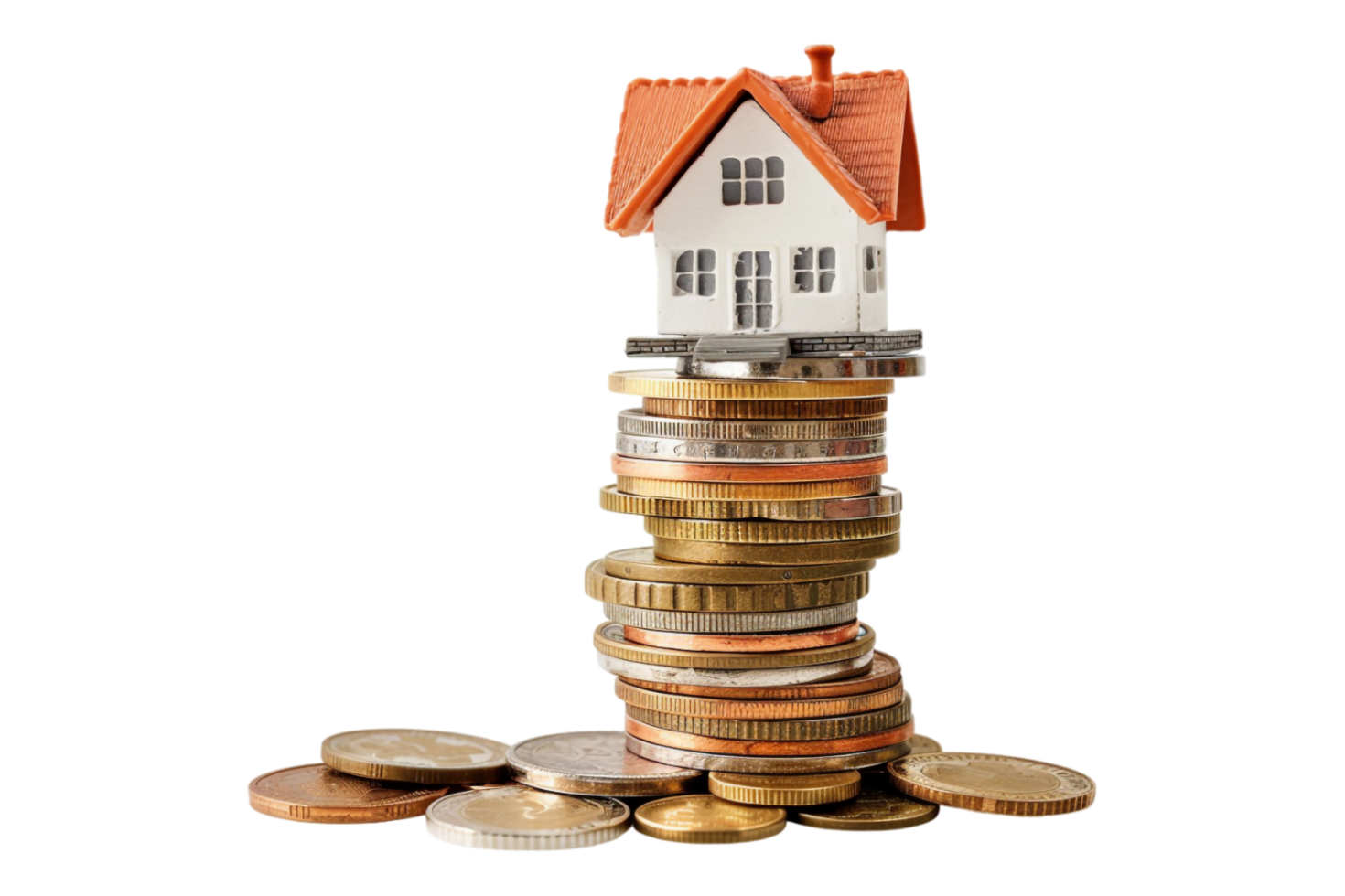 Miniature house on stack of coins alone against transparent background png