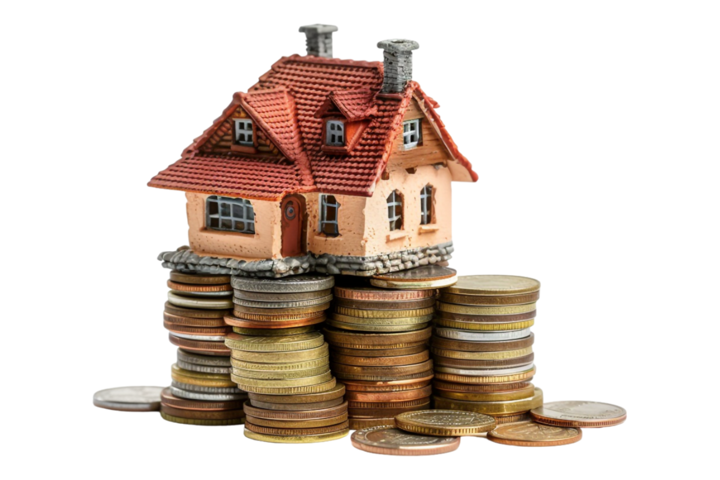 Miniature house on stack of coins alone against transparent background png