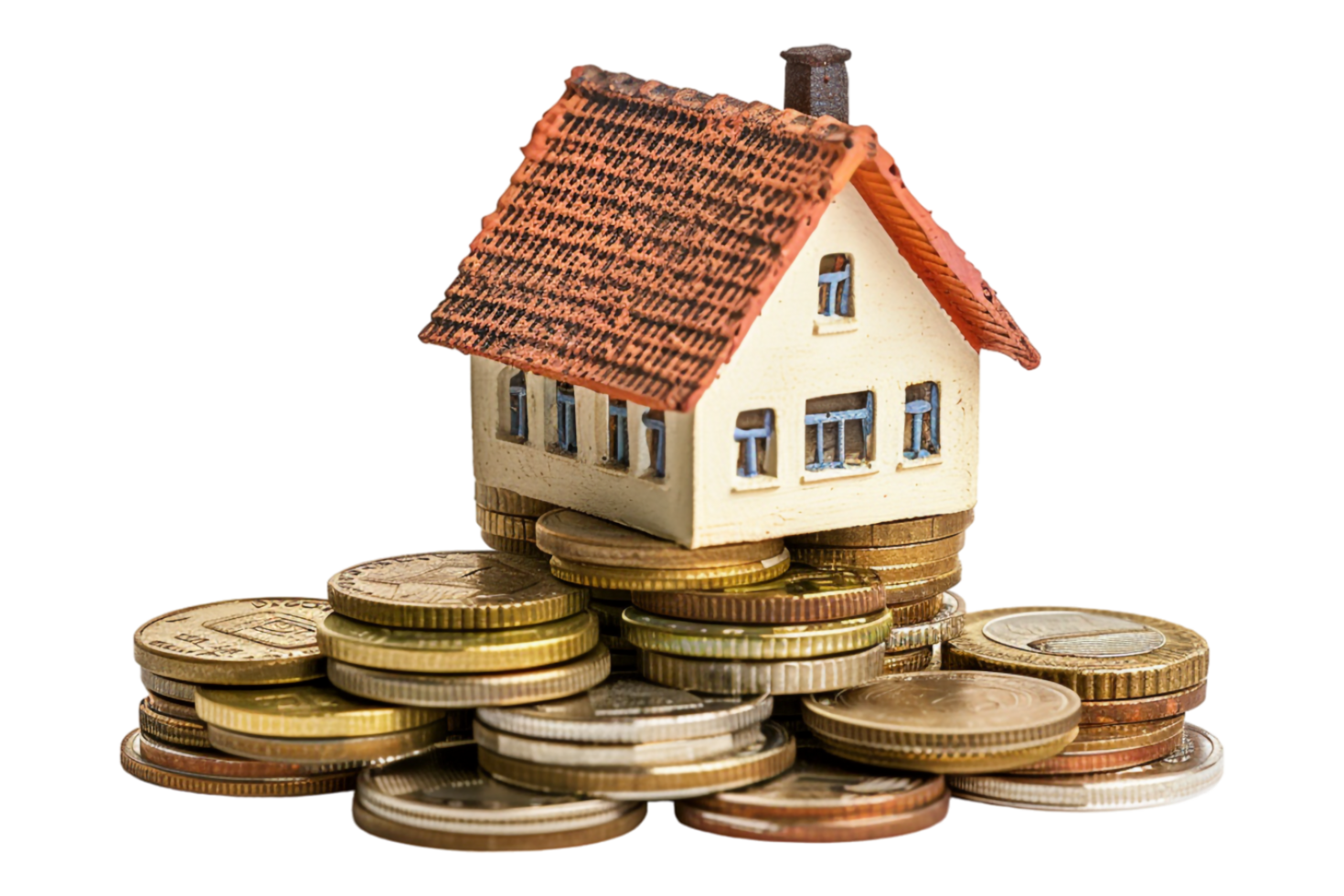 Miniature house on stack of coins alone against transparent background png