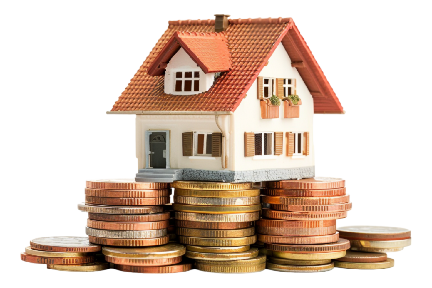 Miniature house on stack of coins alone against transparent background png
