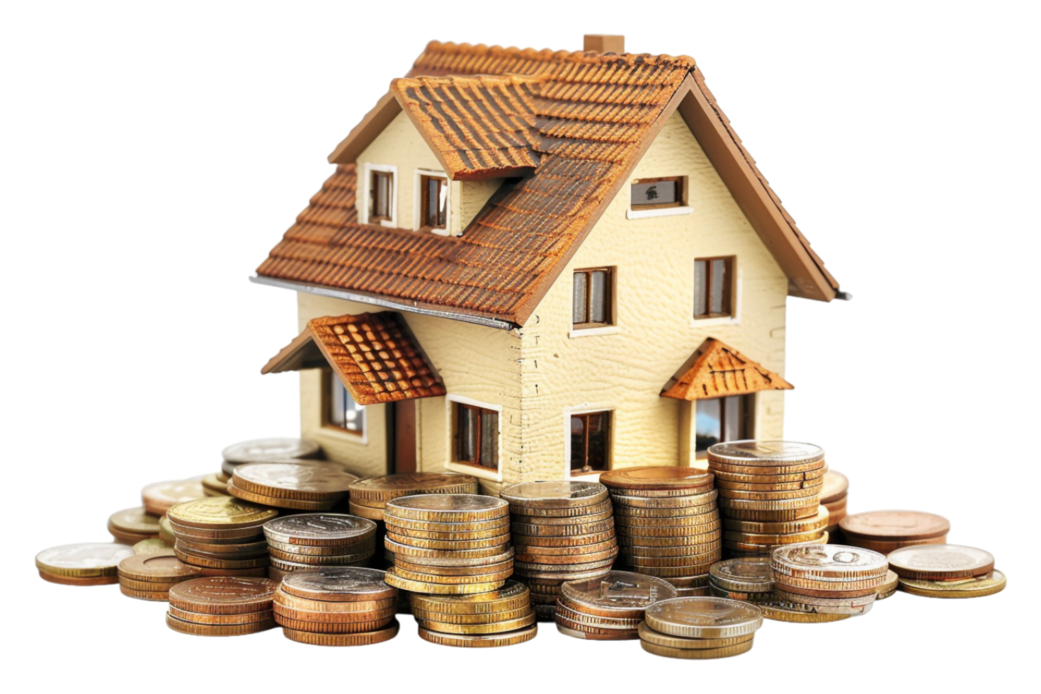 Miniature house on stack of coins alone against transparent background png