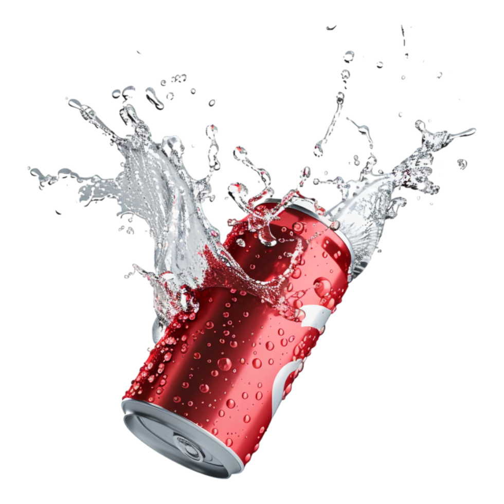 Mockup of flying soda can with water splash isolated png