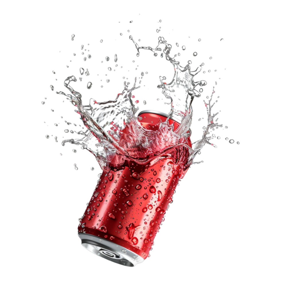 Mockup of flying soda can with water splash isolated png