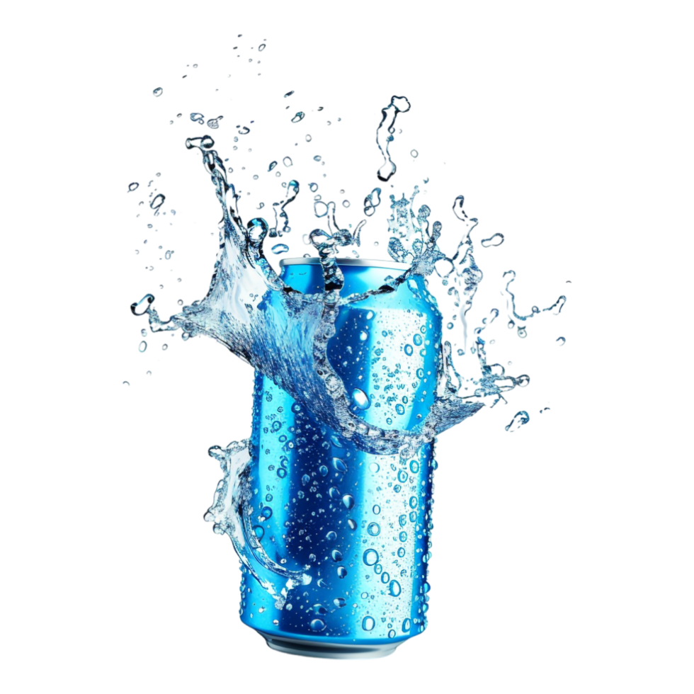Mockup of flying soda can with water splash isolated png