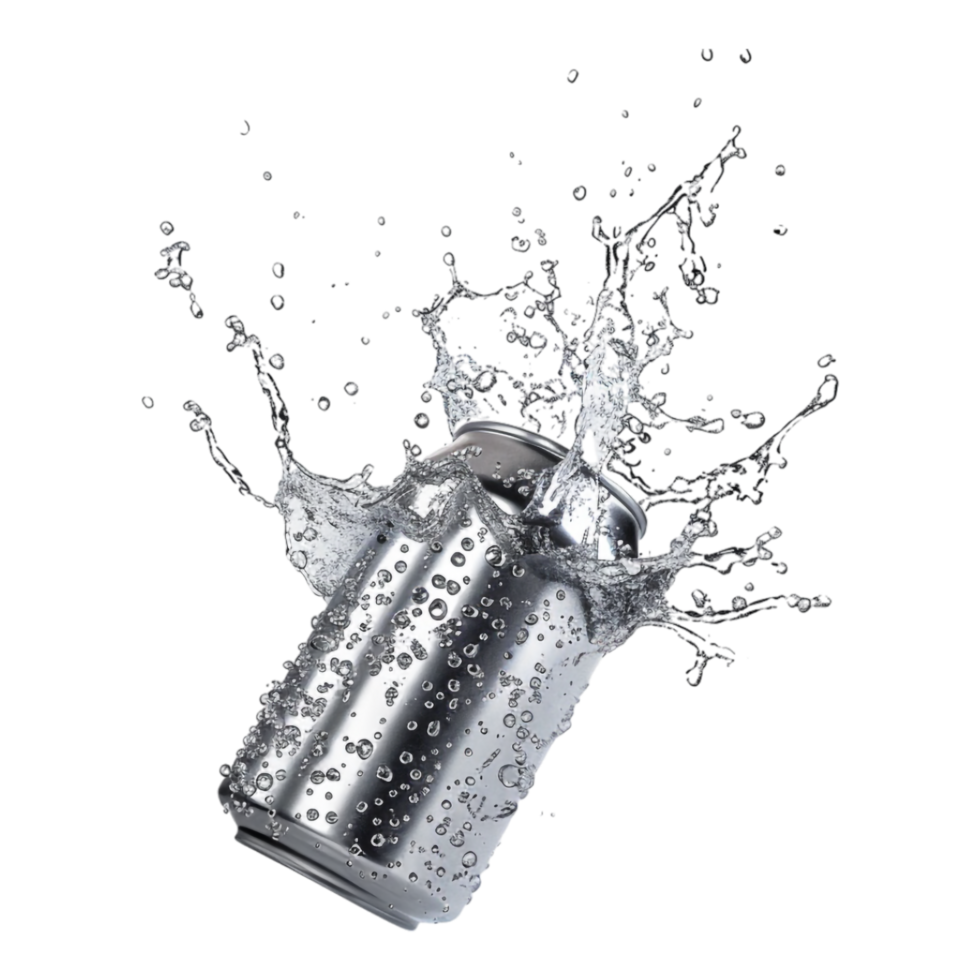 Mockup of flying soda can with water splash isolated png