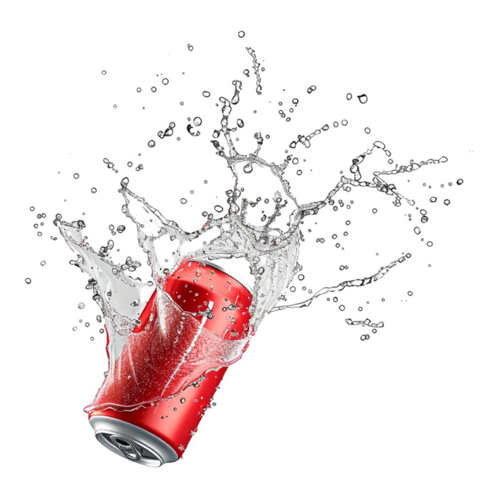 Mockup of flying soda can with water splash isolated png
