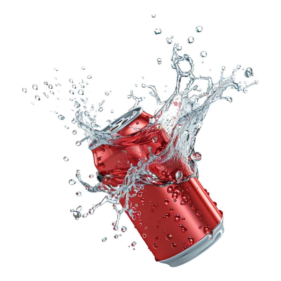 Mockup of flying soda can with water splash isolated png