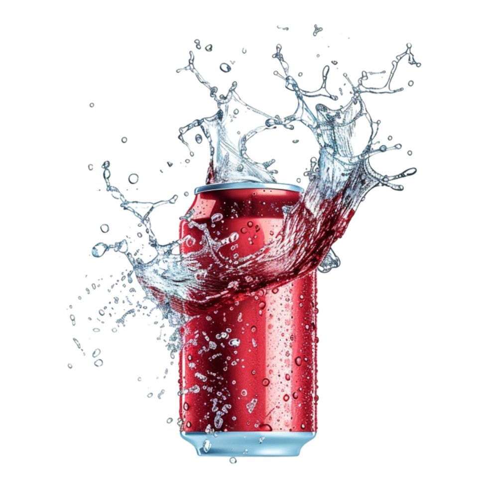 Mockup of flying soda can with water splash isolated png