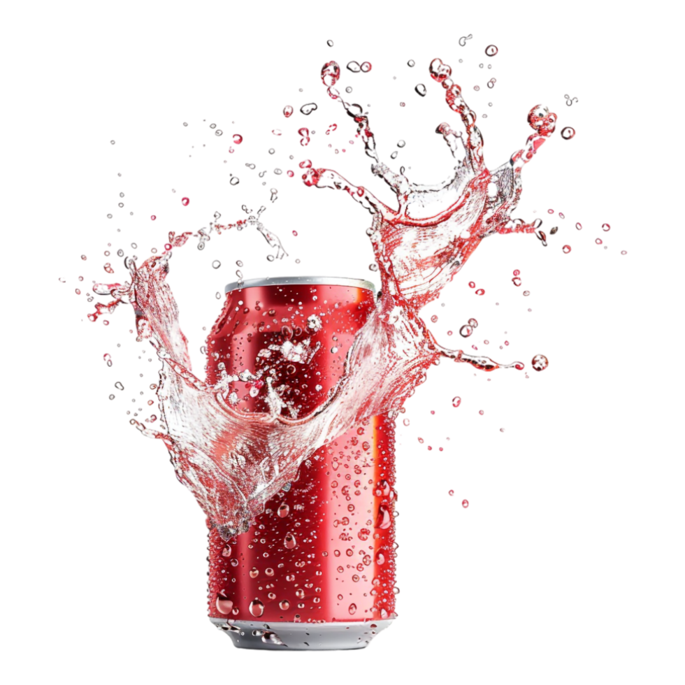Mockup of flying soda can with water splash isolated png