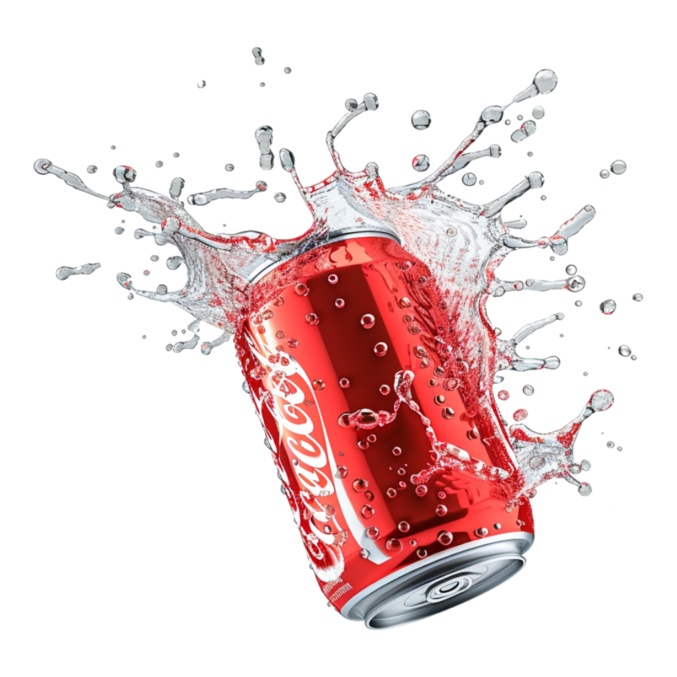 Mockup of flying soda can with water splash isolated png