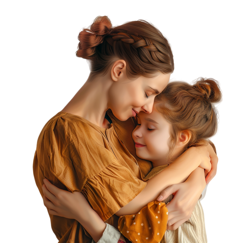 Mother and daughter hug alone against transparent background png