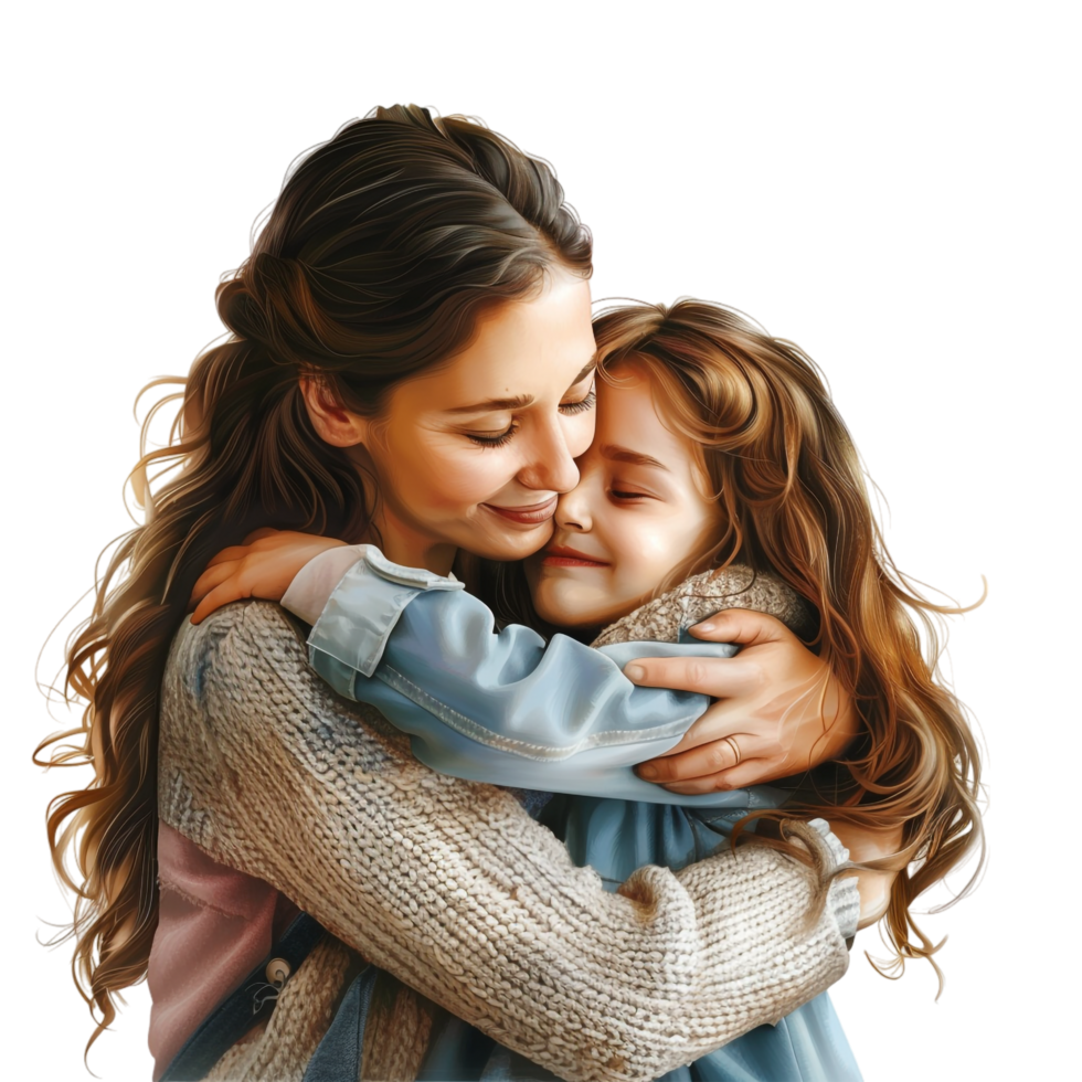 Mother and daughter hug alone against transparent background png