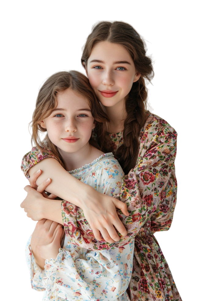 Mother and daughter hug alone against transparent background png
