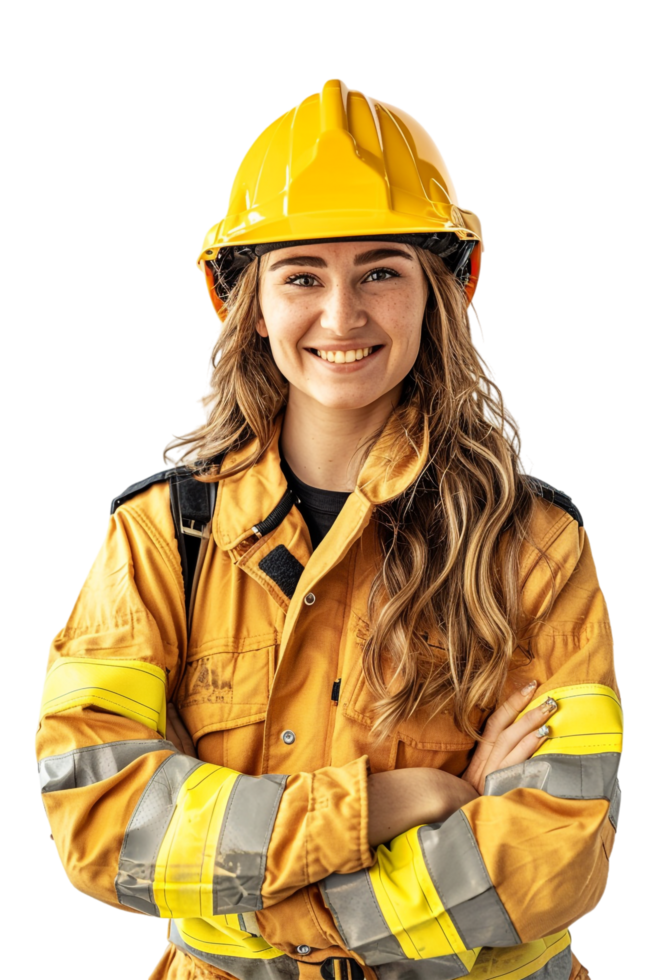 Female firefighter with crossed arms on transparent background png