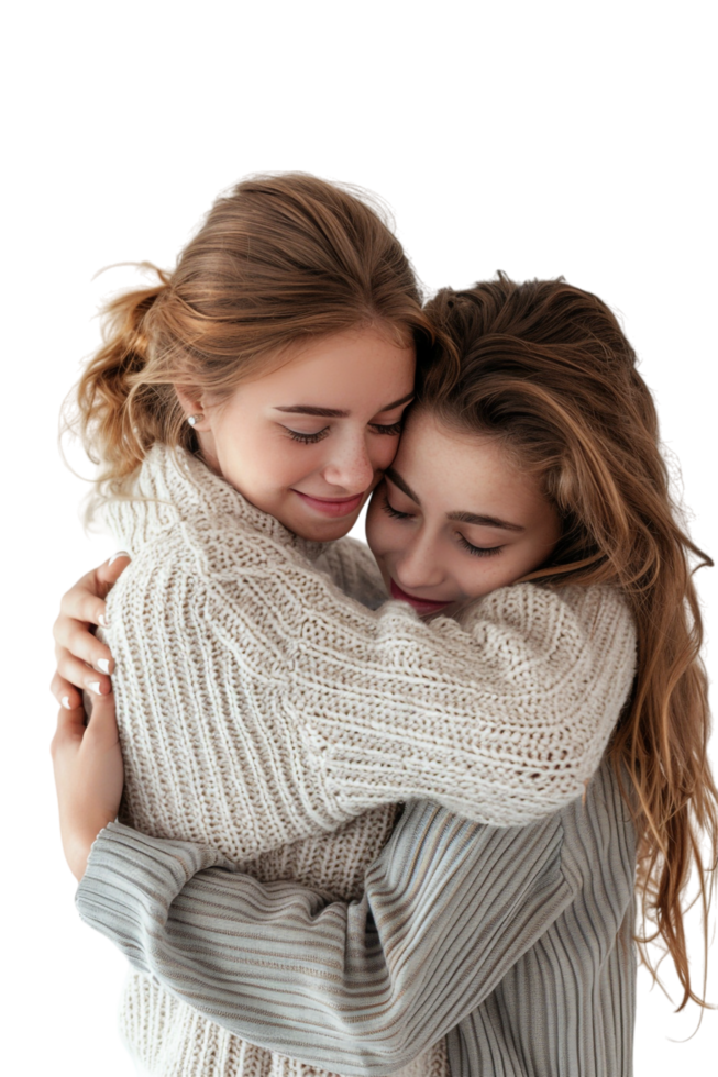 Mother and daughter hug alone against transparent background png