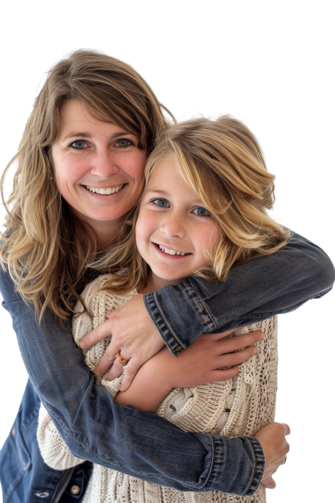 Mother and daughter hug alone against transparent background png