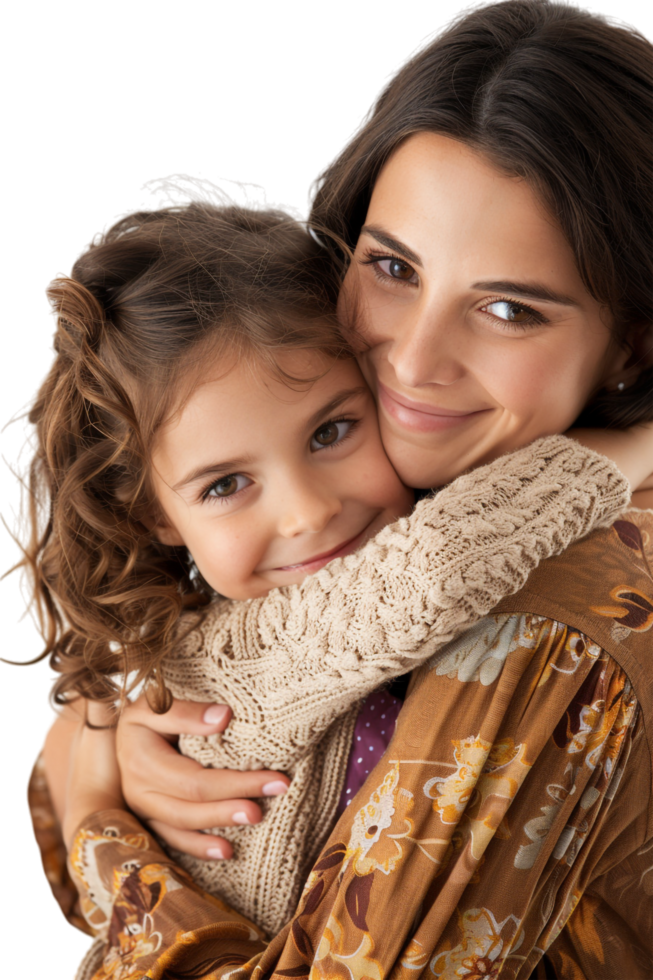 Mother and daughter hug alone against transparent background png