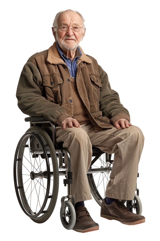 Old man on wheelchair alone against transparent background png