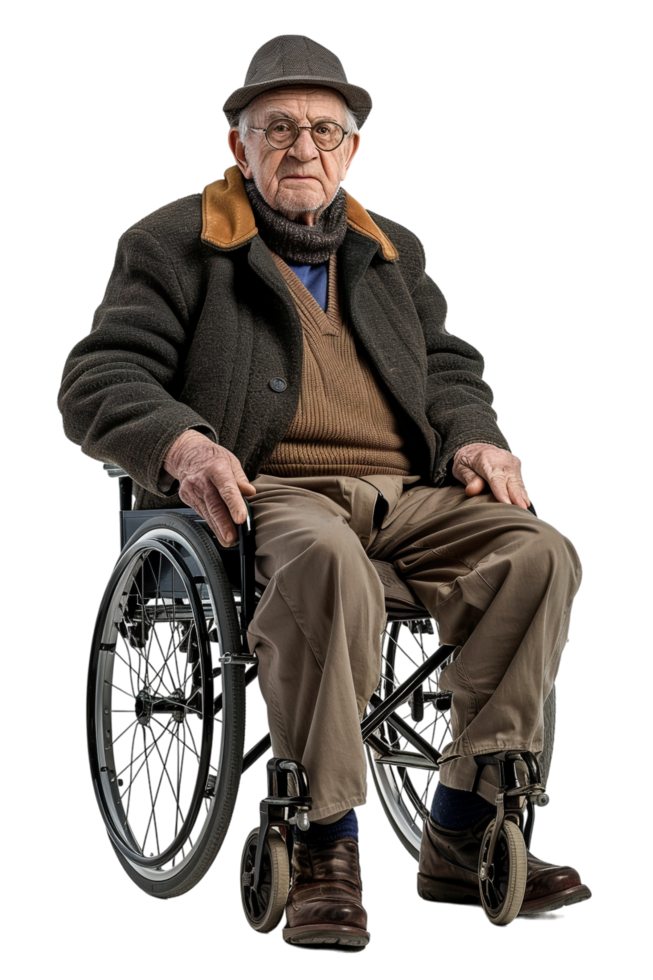 Old man on wheelchair alone against transparent background png