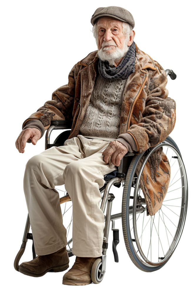 Old man on wheelchair alone against transparent background png