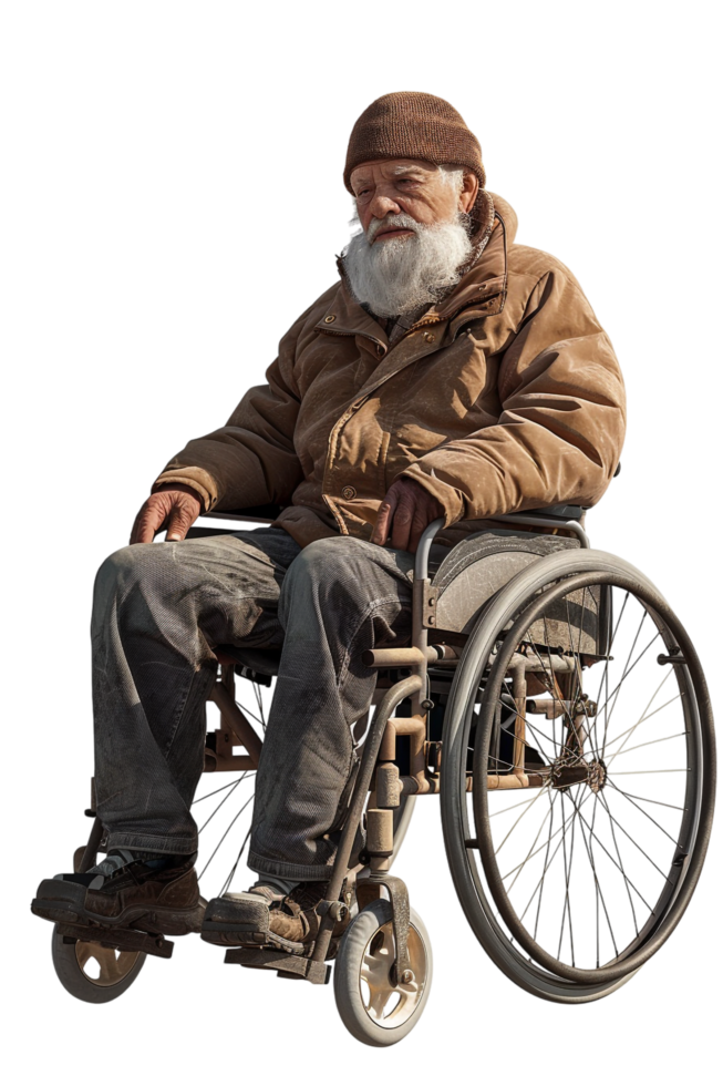 Old man on wheelchair alone against transparent background png