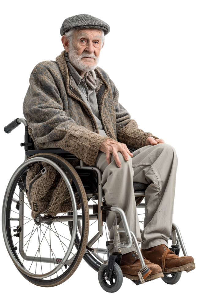 Old man on wheelchair alone against transparent background png