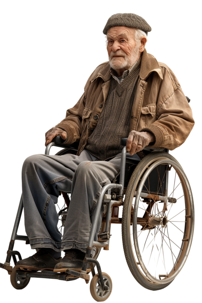 Old man on wheelchair alone against transparent background png