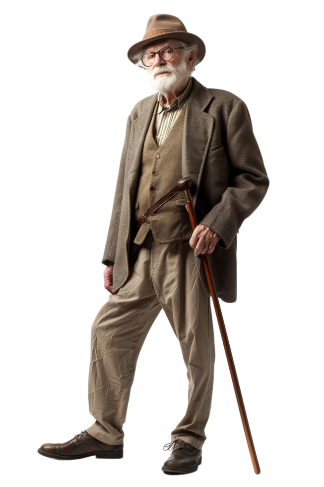 Old-fashioned old man alone against transparent background png
