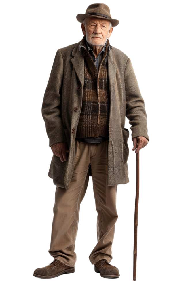 Old-fashioned old man alone against transparent background png