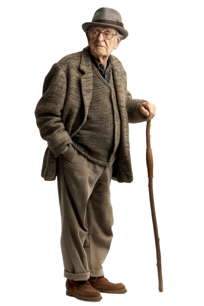 Old-fashioned old man alone against transparent background png