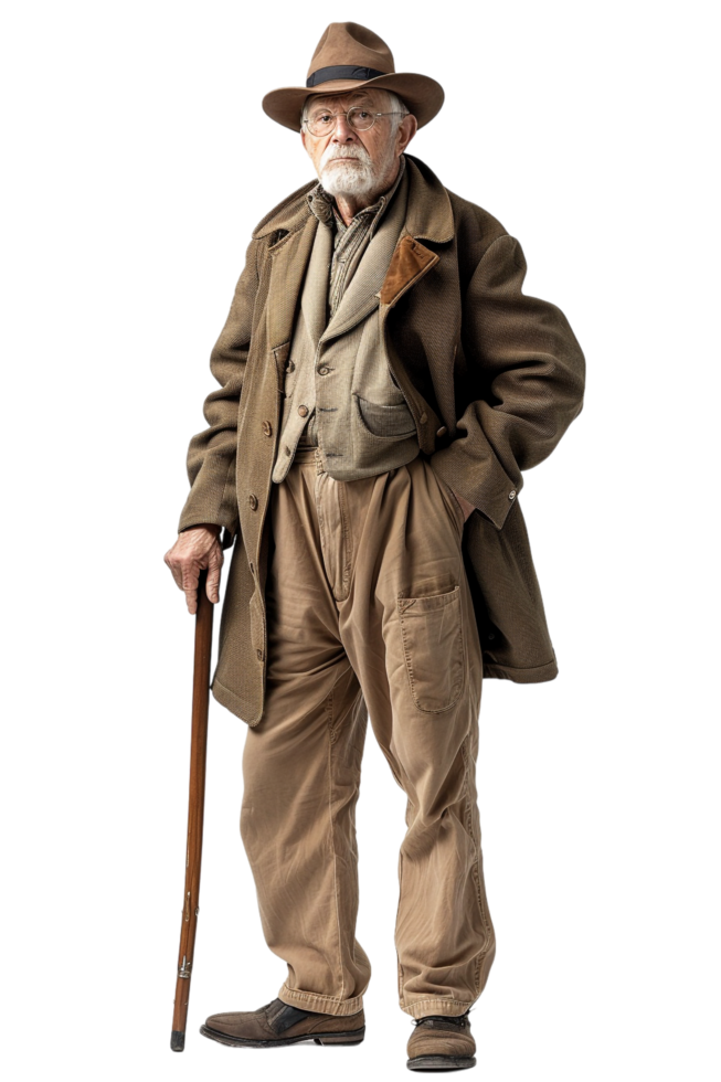 Old-fashioned old man alone against transparent background png