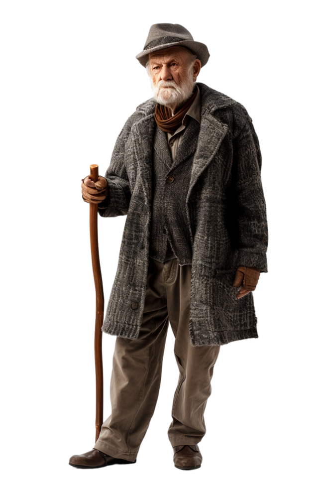 Old-fashioned old man alone against transparent background png