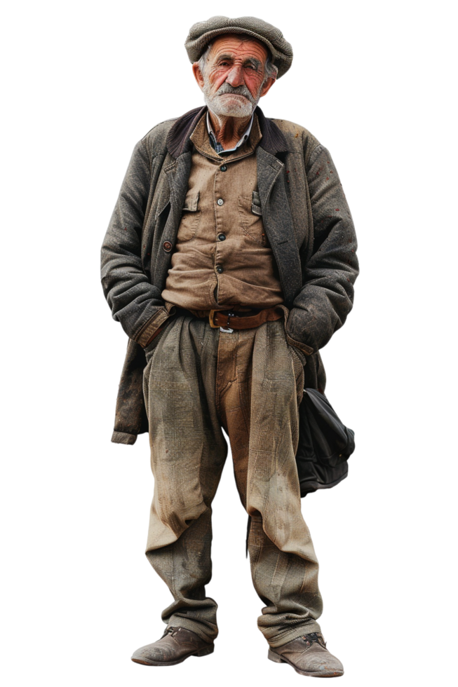 Old-fashioned old man alone against transparent background png