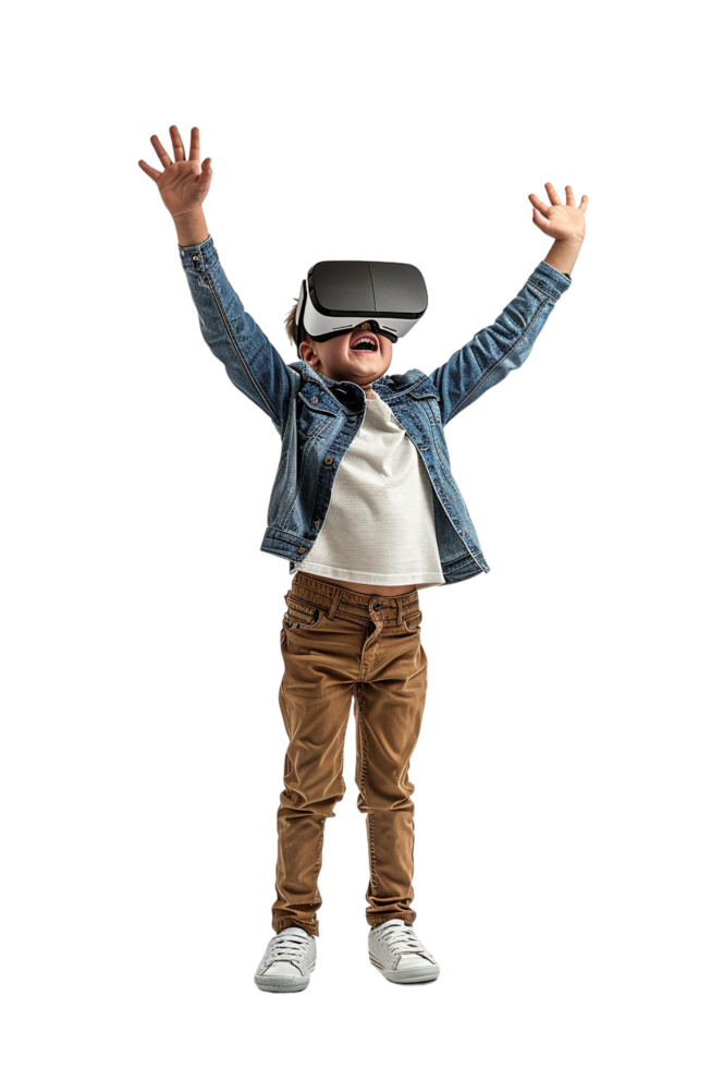 Happy boy kid using VR headset alone against transparent background png