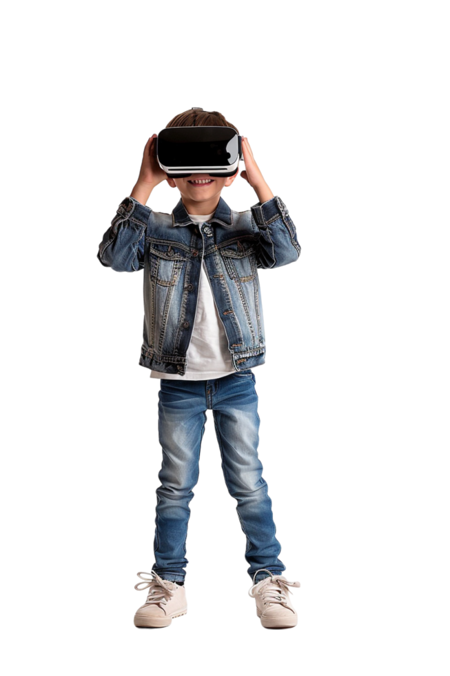 Happy boy kid using VR headset alone against transparent background png