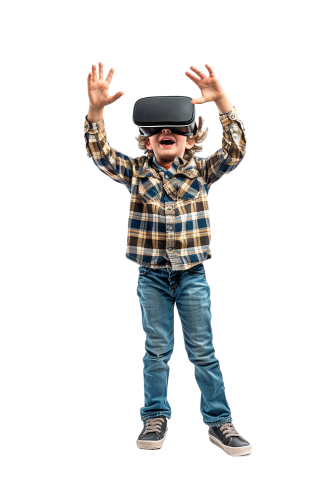 Happy boy kid using VR headset alone against transparent background png