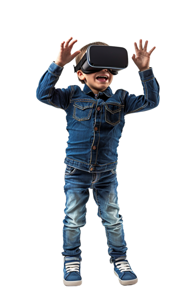 Happy boy kid using VR headset alone against transparent background png