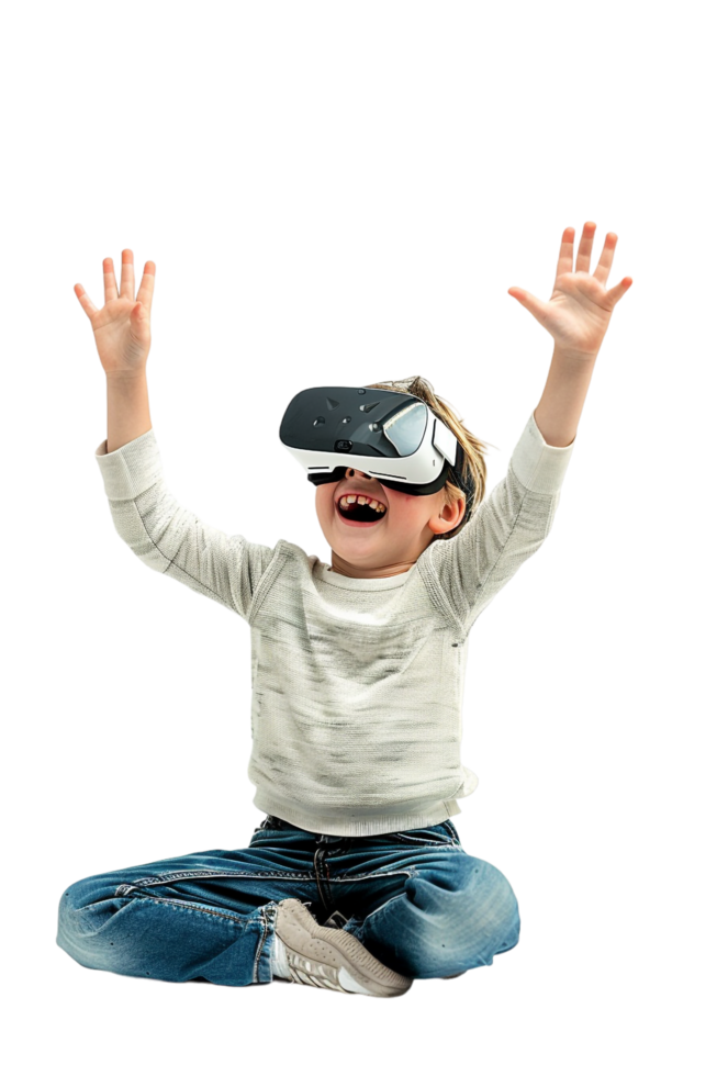 Happy boy kid using VR headset alone against transparent background png