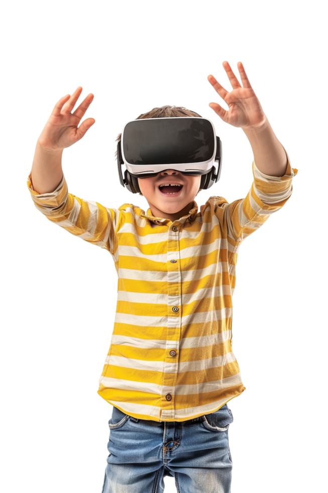 Happy boy kid using VR headset alone against transparent background png