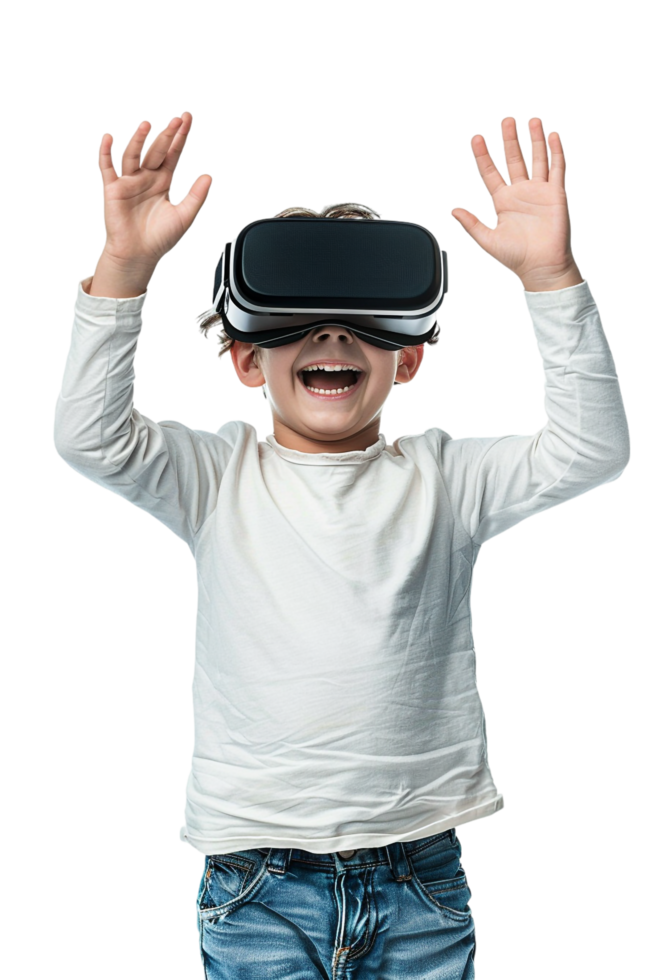 Happy boy kid using VR headset alone against transparent background png