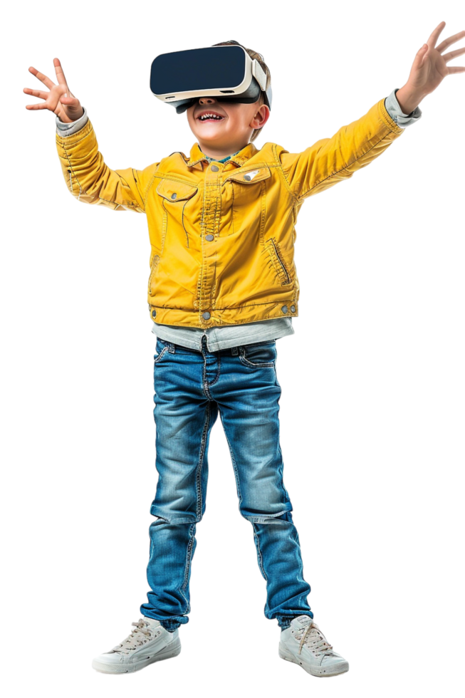 Happy boy kid using VR headset alone against transparent background png
