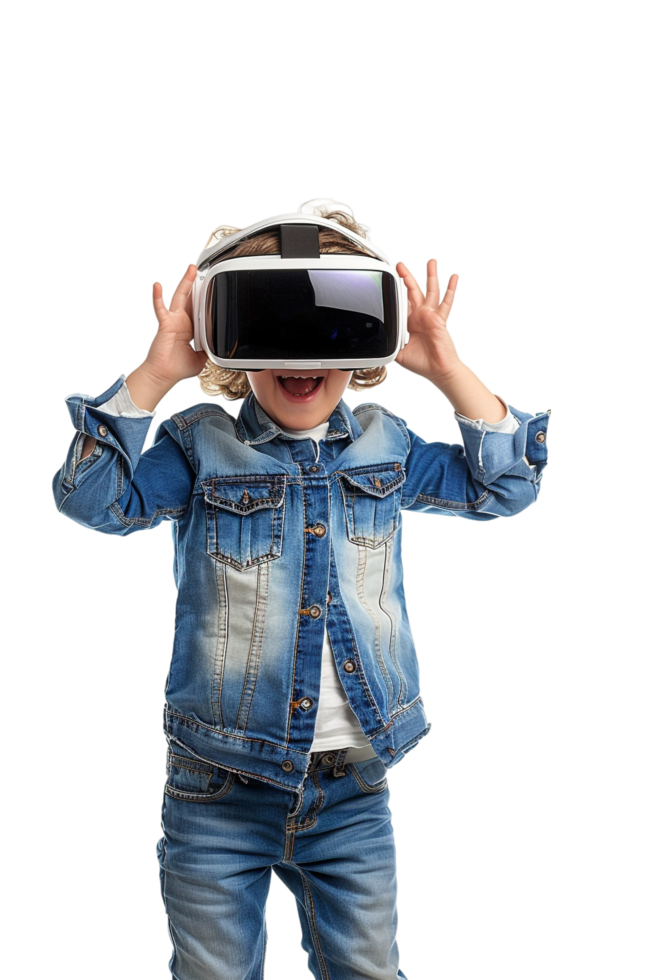 Happy boy kid using VR headset alone against transparent background png