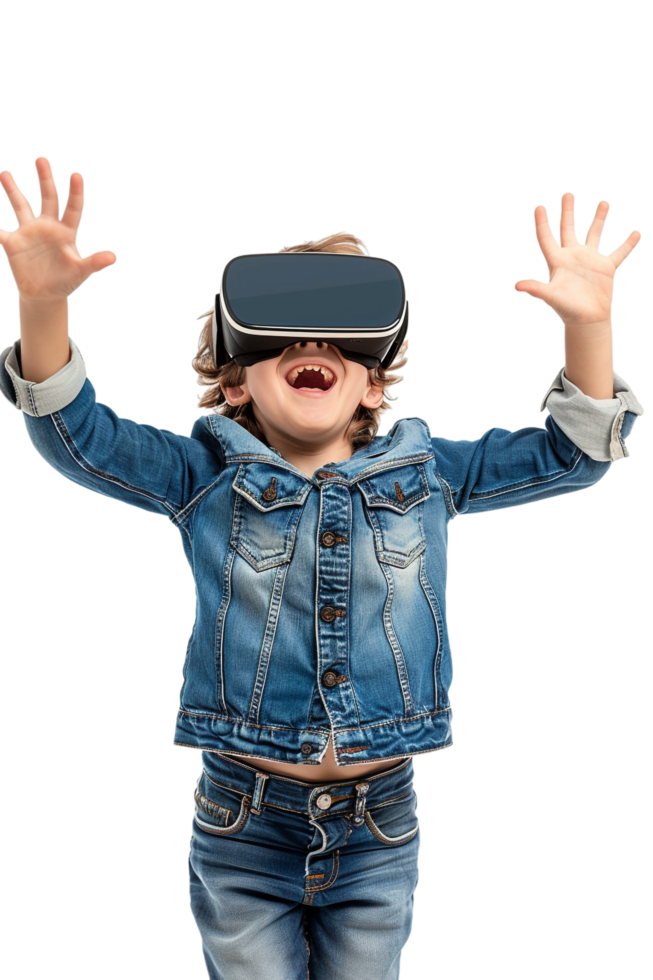 Happy boy kid using VR headset alone against transparent background png