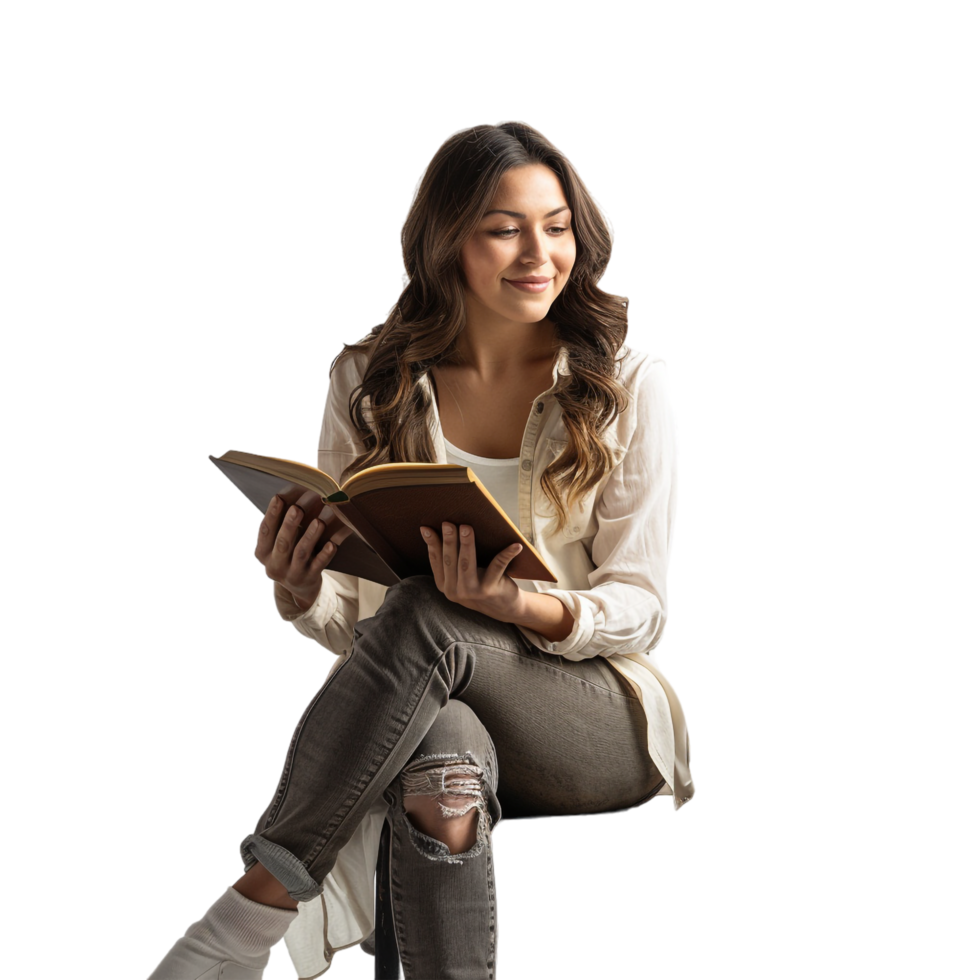 Happy woman reading book while sitting on chair alone against transparent background png
